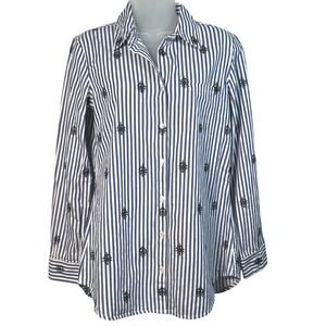 Orvis Womens Button Down Shirt Size 6 Blue White Striped Embroidered